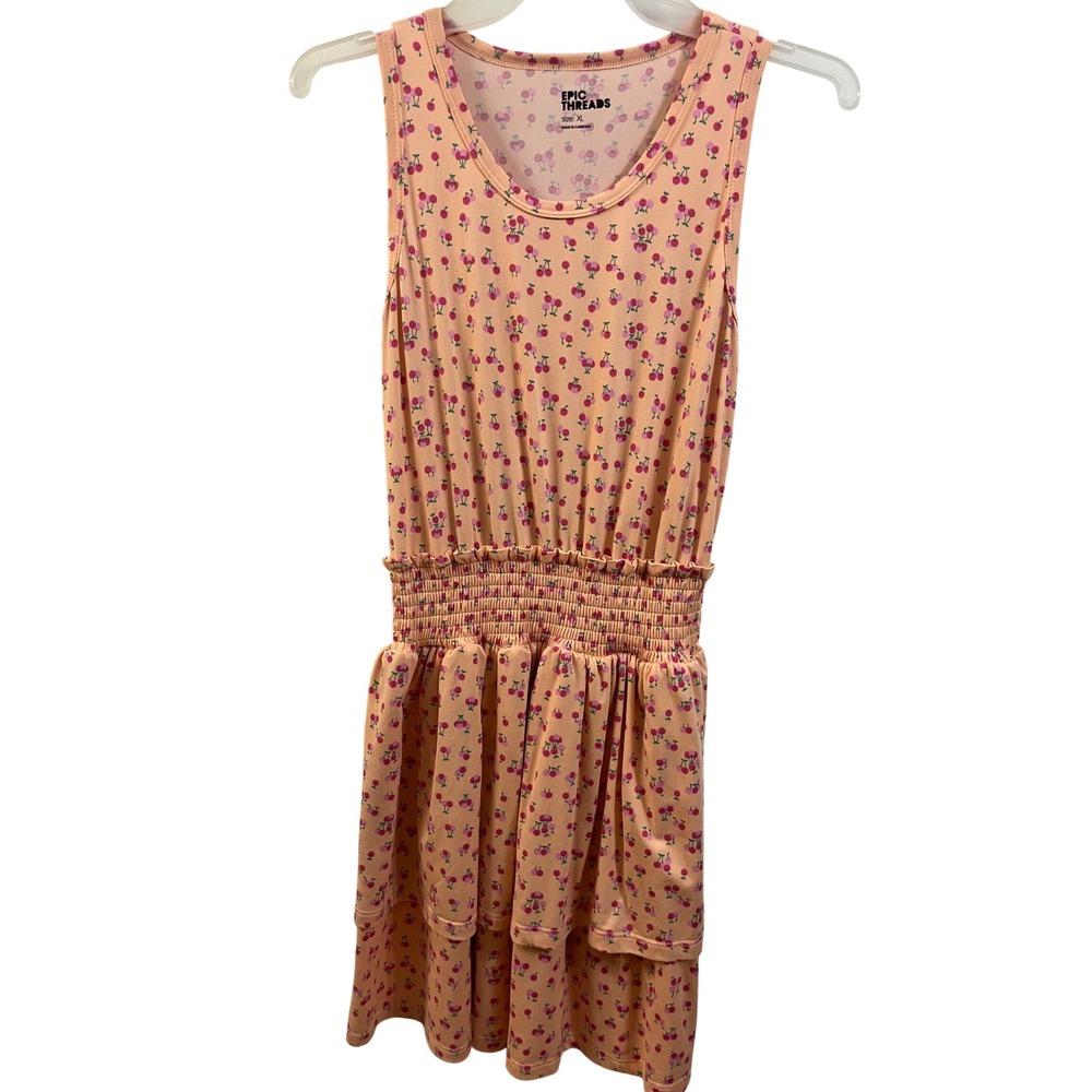 Epic Threads‎ Girls XL Peach Cherry Print Smocked Tiered Ruffle Sleeveless Dress